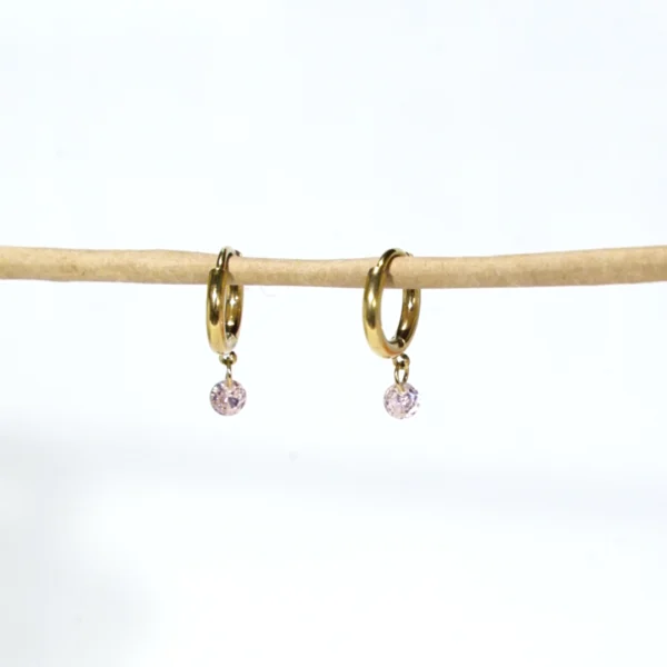 base_essdsdicion Pendientes aro dorado con circonita rosa colgante